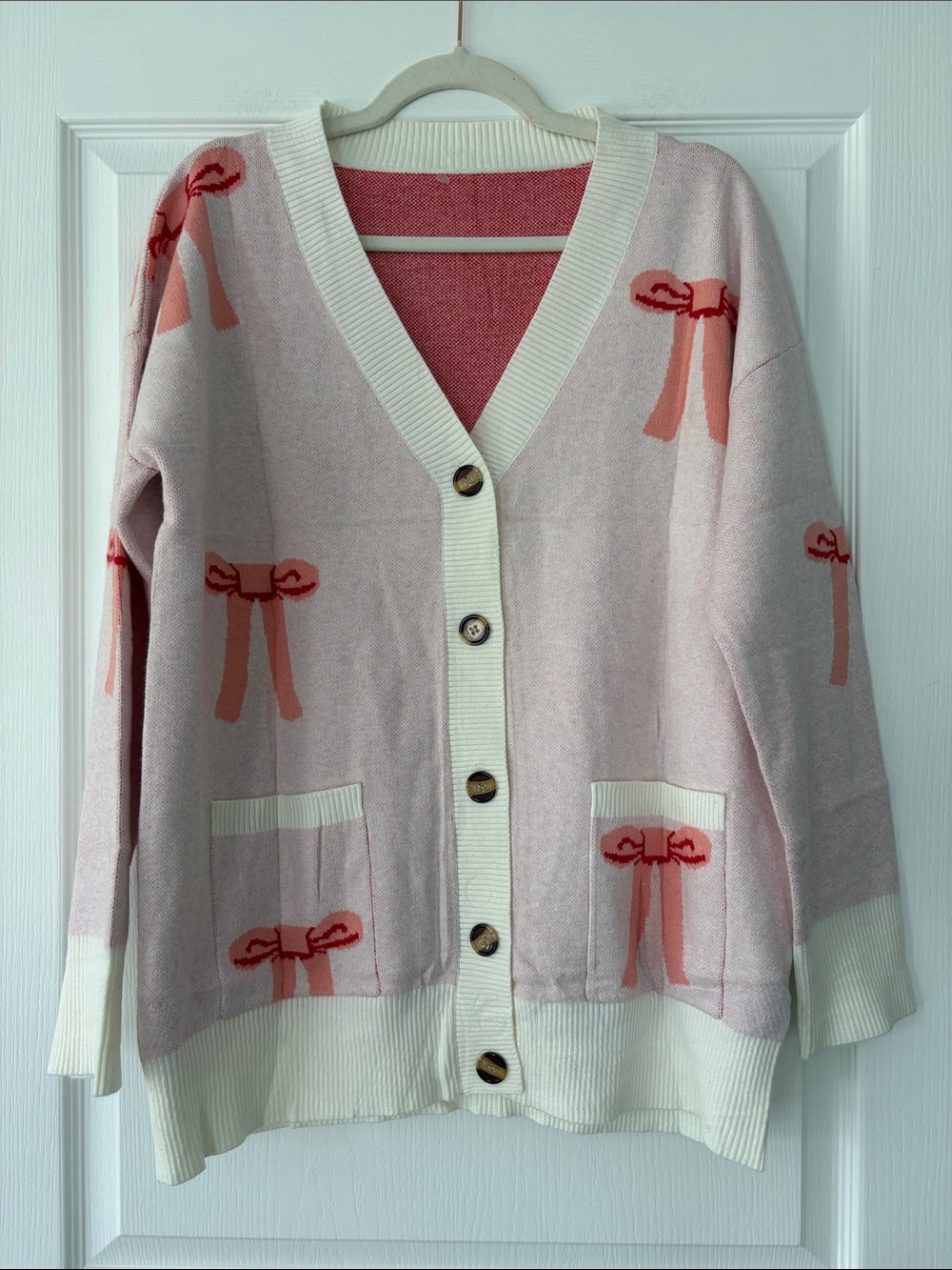 NWOT Women's Pink Bow Pattern Button-Front Cardigan Sweater